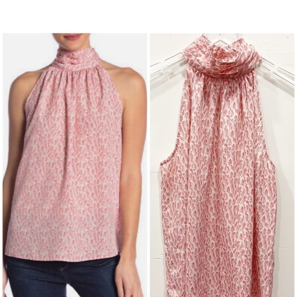 Joie Erola High Neck Halter Top Pink Feather Print Medium